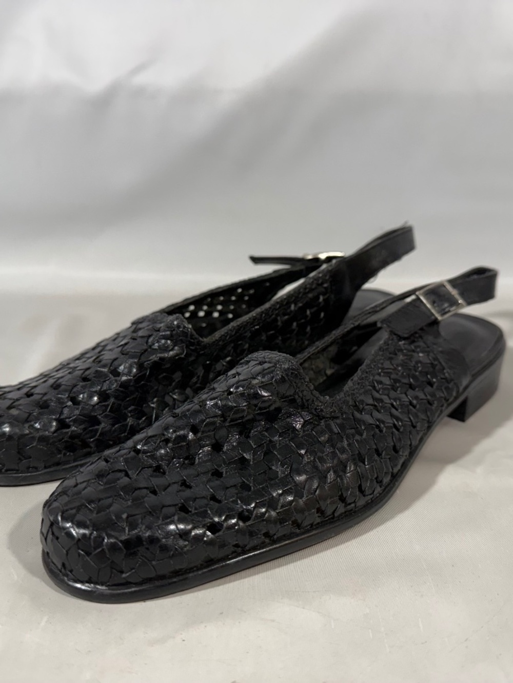 Vtg Trotters Leather 9M Basket Weave Woven Sling Back Loafers Women Made Brazil